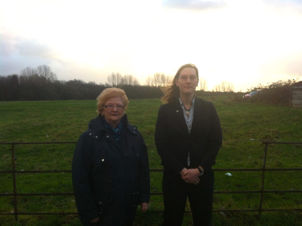 Cllrs Christine Wild and Zoë Kirk-Robinson stood beside Roscoe's Farm in Westhoughton